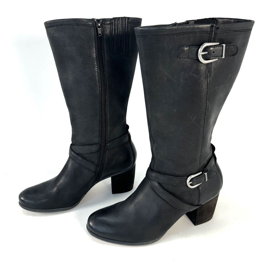 Josef Seibel Black Leather Tall Riding Boots Buckles Sz. 40 EU 9-9.5 US Side Zip